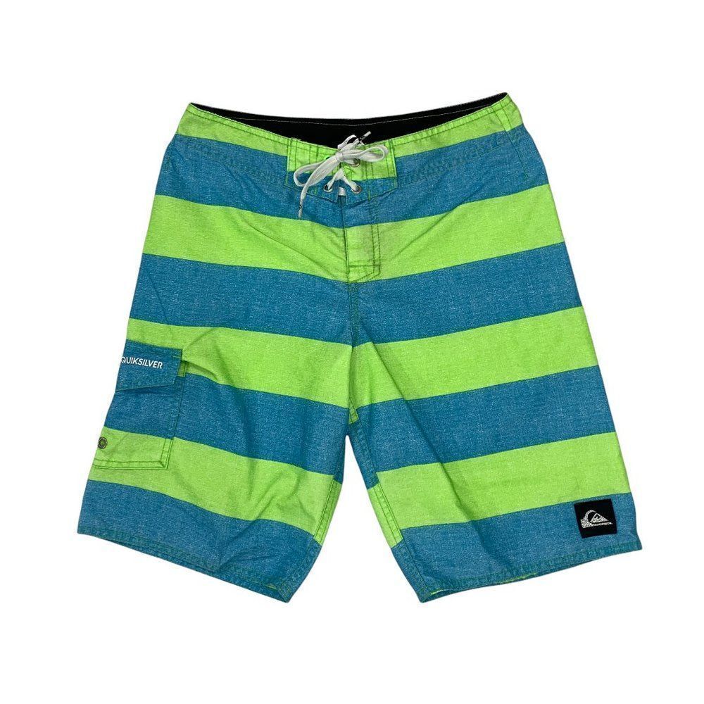 Quiksilver Boardshorts Men's 26 Blue Green Striped Summer Beach Swim Trunks